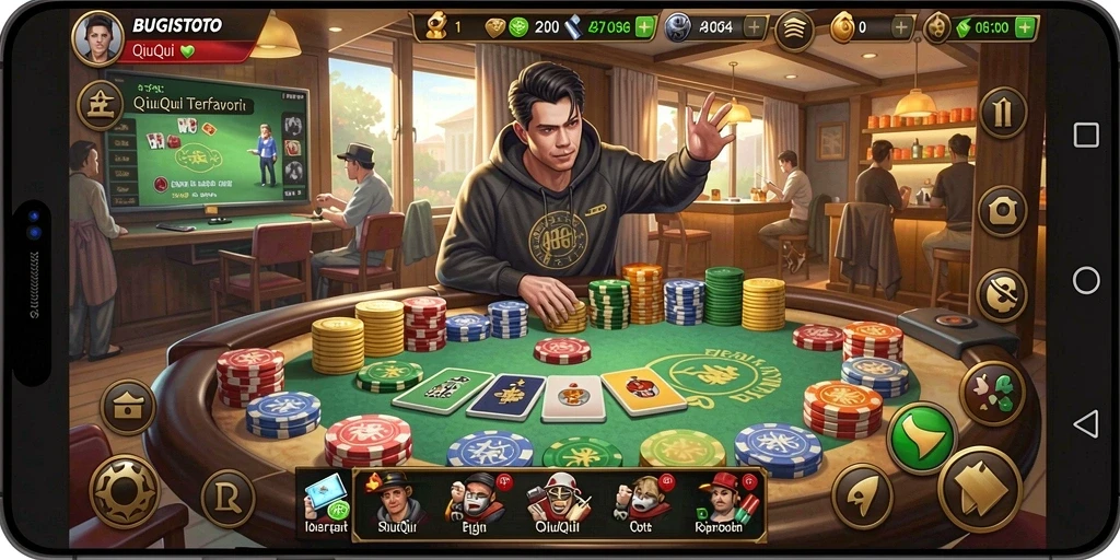 Screenshot gameplay seru dari BUGISTOTO, menunjukkan duel QiuQiu yang menegangkan.