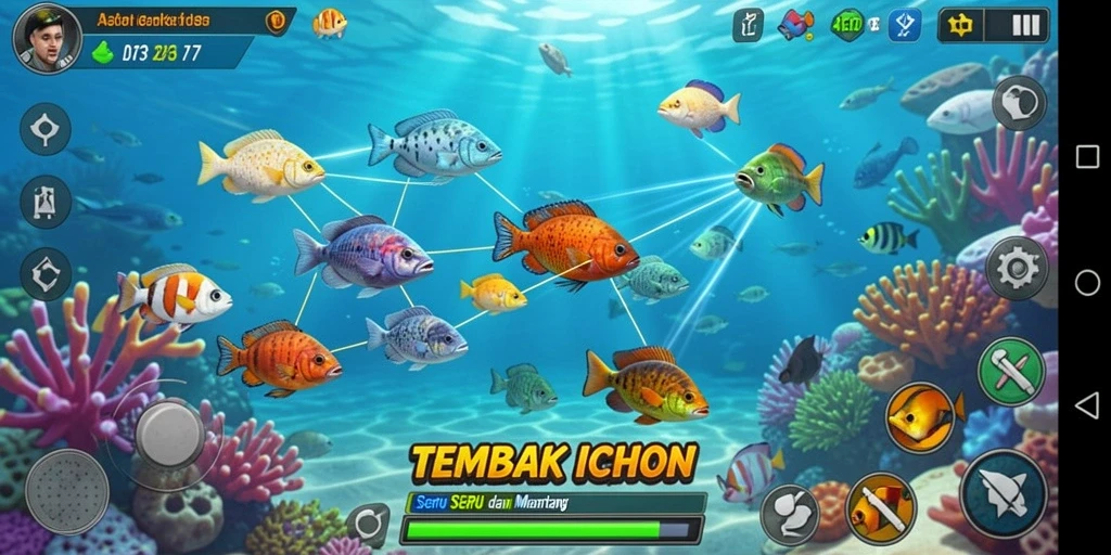 Tangkapan layar D73 menampilkan aksi menembak ikan yang seru.
