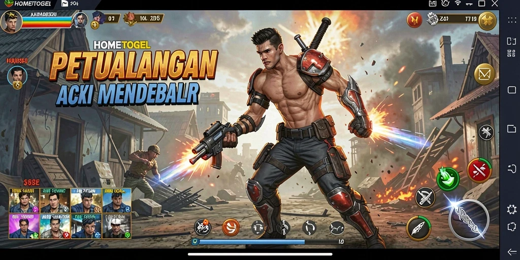 Screenshot utama HOMETOGEL menampilkan aksi menegangkan dalam pertempuran.