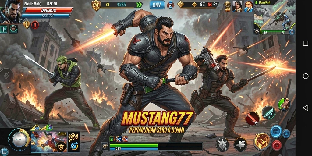 Tangkapan layar utama MUSTANG77 menunjukkan aksi pertarungan yang mendebarkan.