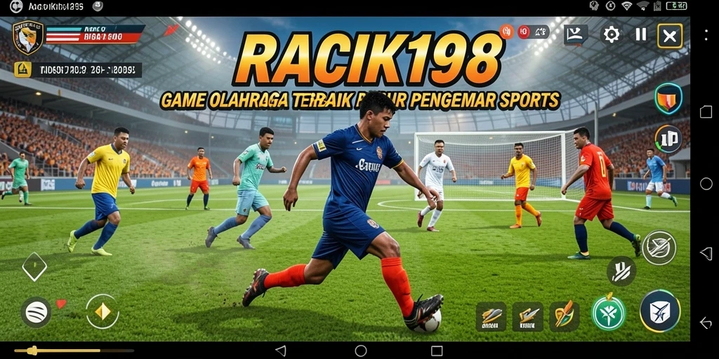 Tampilan screenshot utama menunjukkan aksi seru di lapangan.