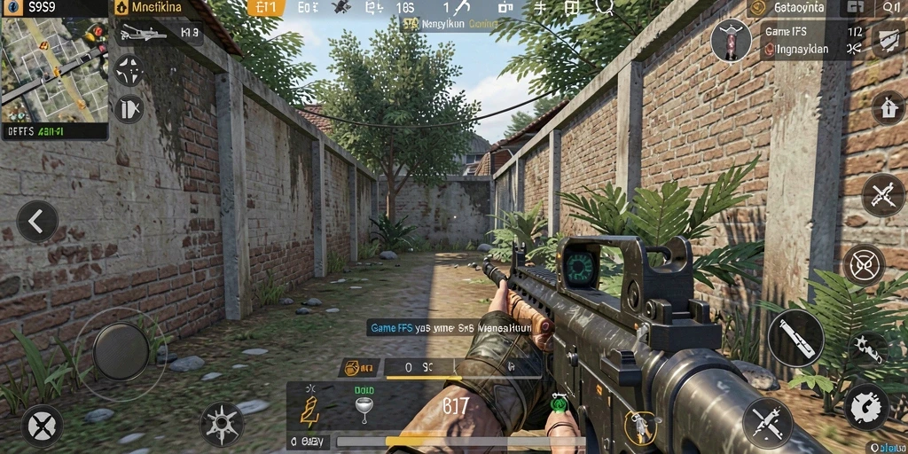 Screenshot gameplay S9S9 yang menunjukkan aksi menembak yang mendebarkan.