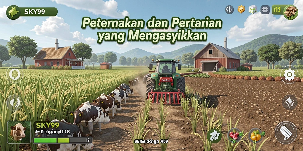 Tampilan gameplay SKY99 yang menarik dengan pertanian yang subur.